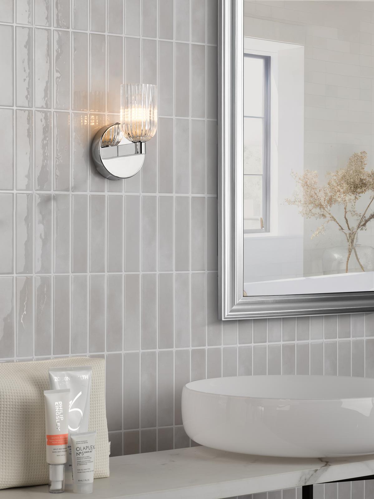 Dar Hilaria Bathroom Wall Light Polished Chrome and Ribbed Glass IP44