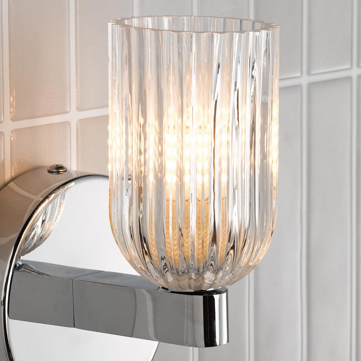 Dar Hilaria Bathroom Wall Light Polished Chrome and Ribbed Glass IP44