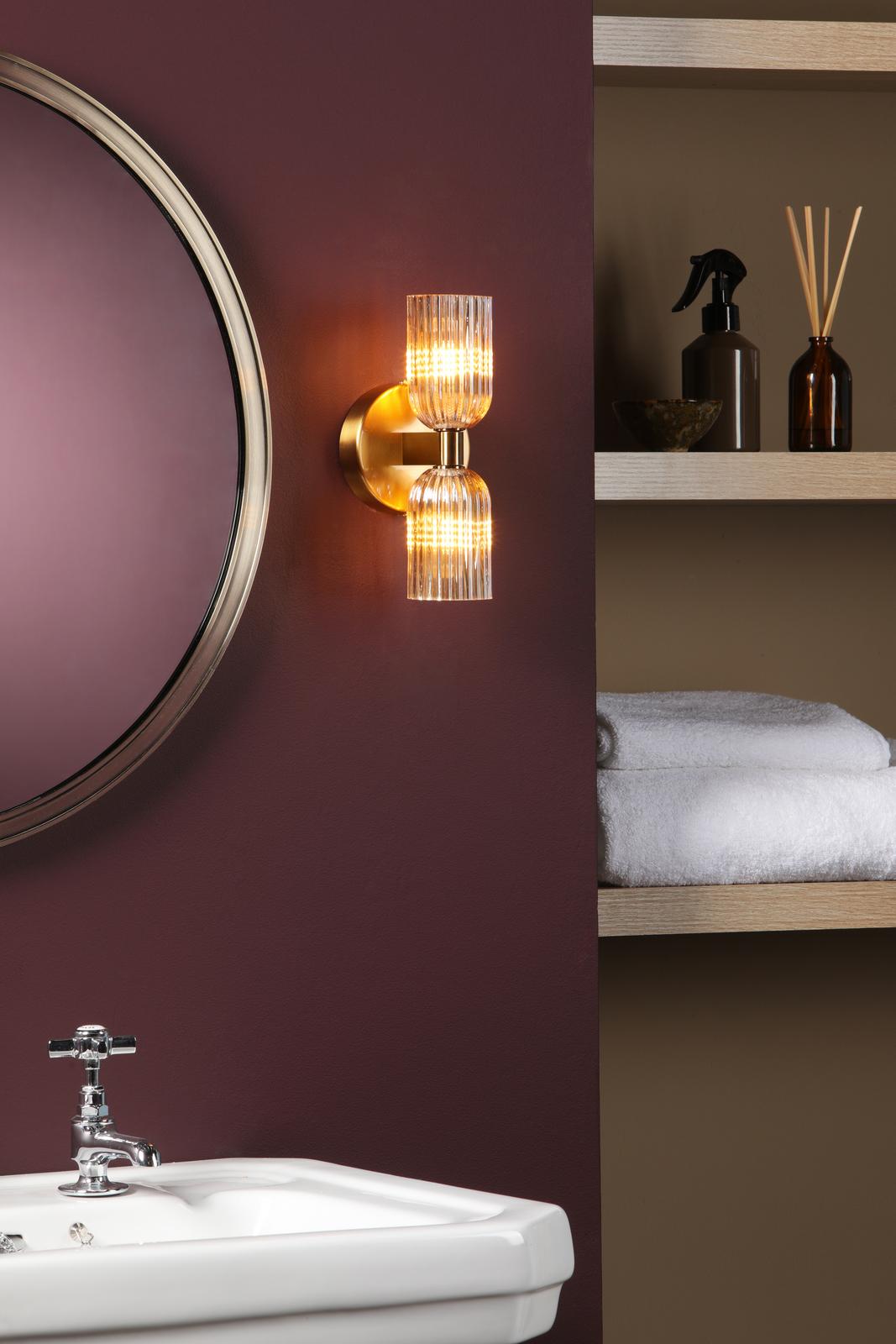 Dar Hilaria 2 Light Bathroom Wall Light Antique Gold and Amber Ribbed Glass IP44
