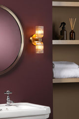 Dar Hilaria 2 Light Bathroom Wall Light Antique Gold and Amber Ribbed Glass IP44