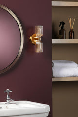 Dar Hilaria 2 Light Bathroom Wall Light Antique Gold and Amber Ribbed Glass IP44