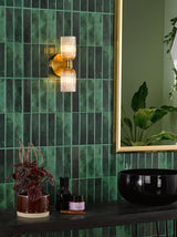 Dar Hilaria 2 Light Bathroom Wall Light Antique Gold and Amber Ribbed Glass IP44
