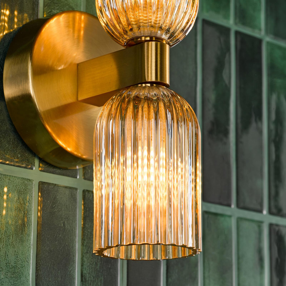 Dar Hilaria 2 Light Bathroom Wall Light Antique Gold and Amber Ribbed Glass IP44
