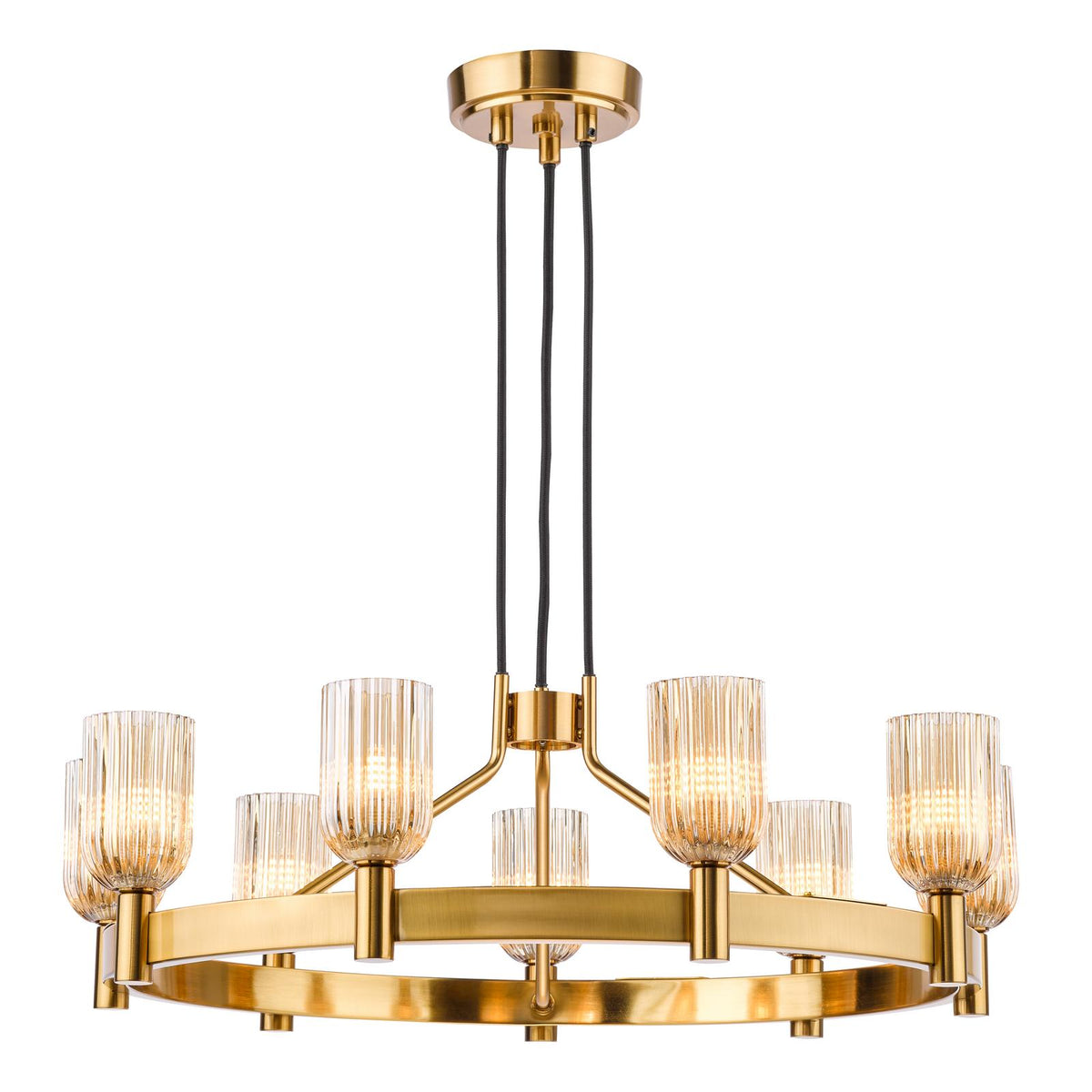 Dar Hilaria 9 Light Pendant Antique Gold and Amber Ribbed Glass