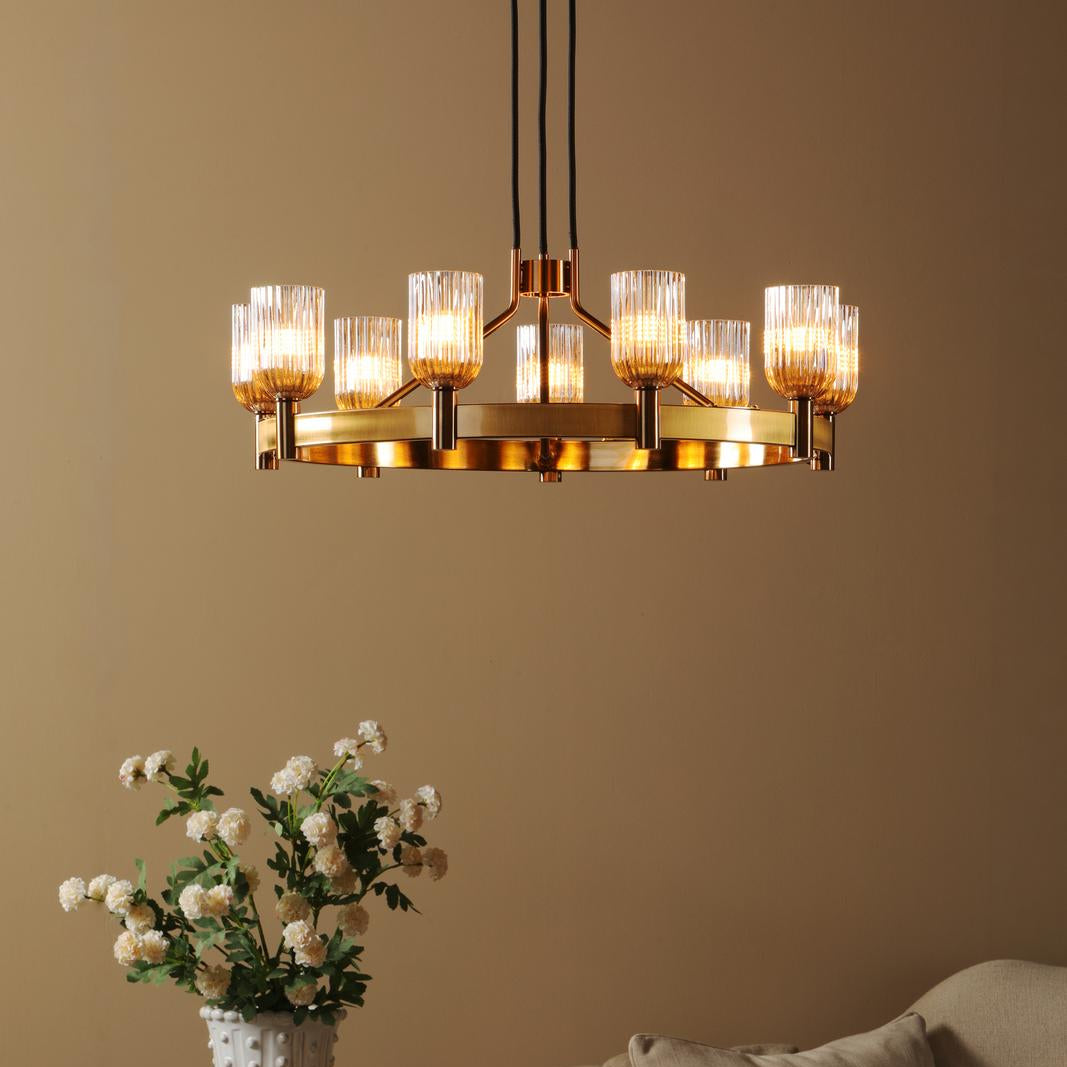 Dar Hilaria 9 Light Pendant Antique Gold and Amber Ribbed Glass