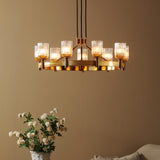 Dar Hilaria 9 Light Pendant Antique Gold and Amber Ribbed Glass