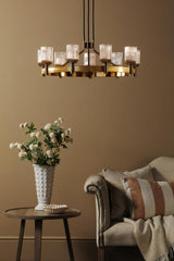 Dar Hilaria 9 Light Pendant Antique Gold and Amber Ribbed Glass