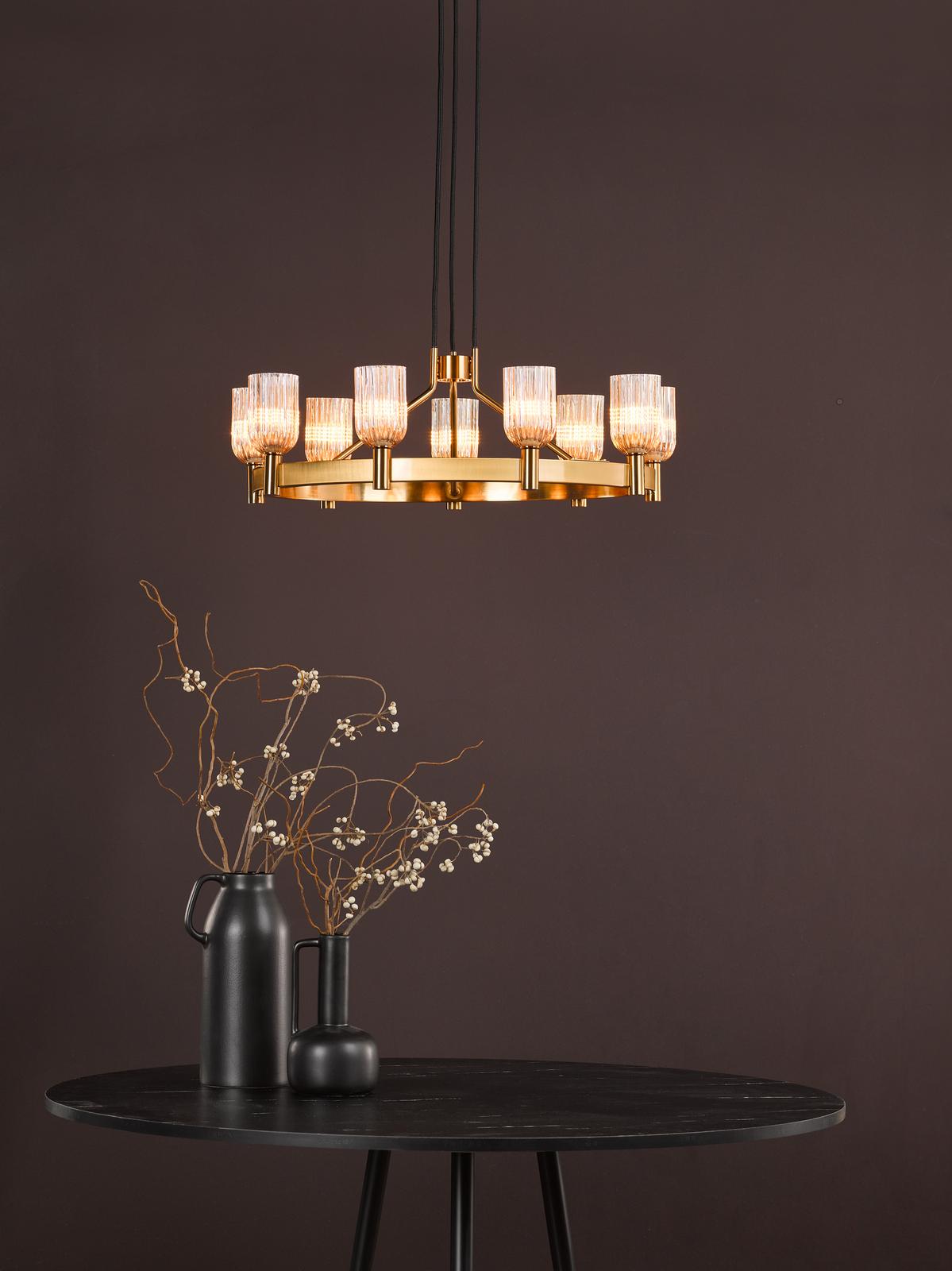 Dar Hilaria 9 Light Pendant Antique Gold and Amber Ribbed Glass