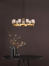 Dar Hilaria 9 Light Pendant Antique Gold and Amber Ribbed Glass