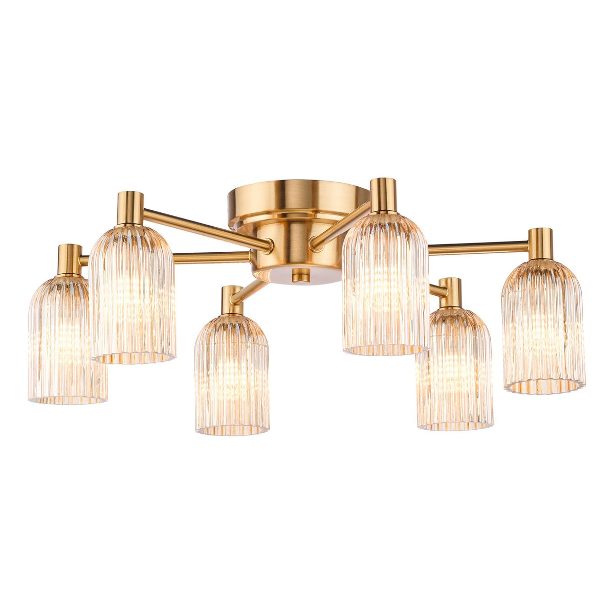 Dar Hilaria 6 Light Flush Antique Gold and Amber Ribbed Glass