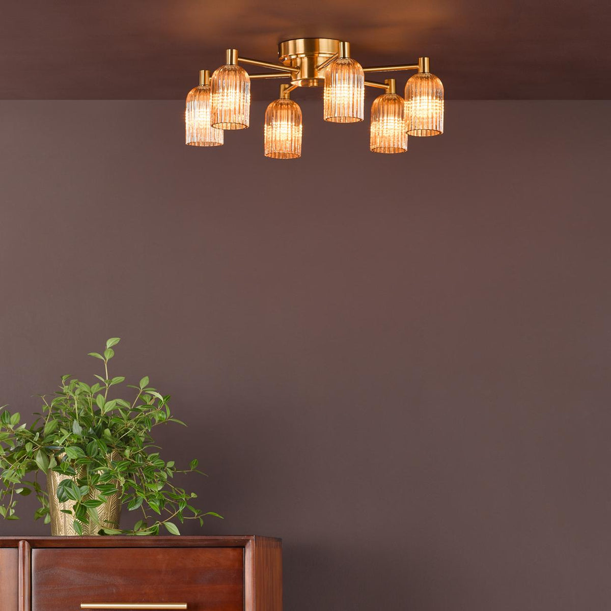 Dar Hilaria 6 Light Flush Antique Gold and Amber Ribbed Glass