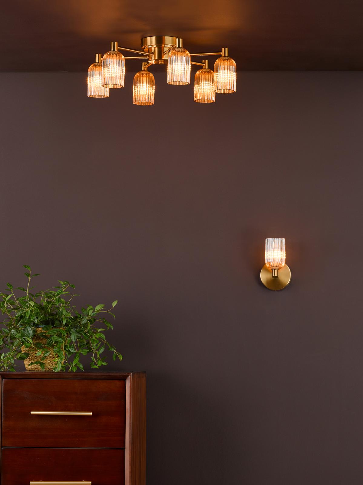 Dar Hilaria 6 Light Flush Antique Gold and Amber Ribbed Glass