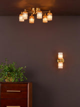Dar Hilaria 6 Light Flush Antique Gold and Amber Ribbed Glass