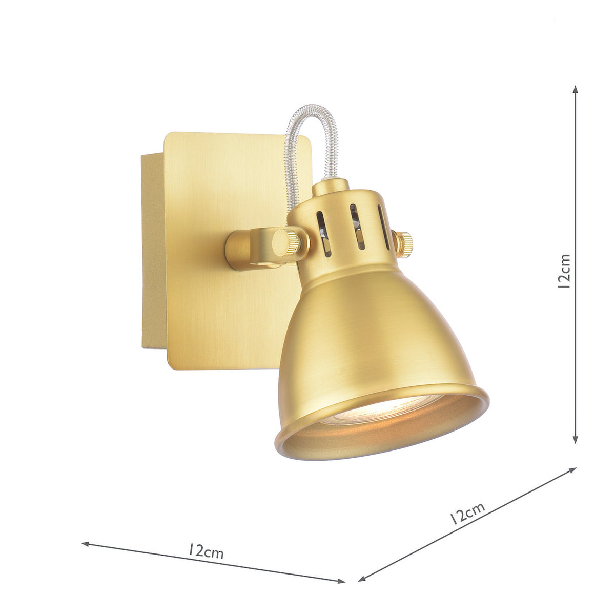 Brushed brass adjustable wall spotlight with 12cm dimensions for indoor lighting