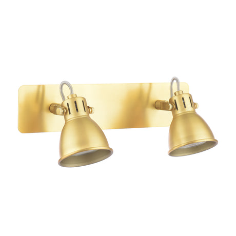 Brushed gold double spotlight wall sconce with adjustable lamps and rectangle backplate