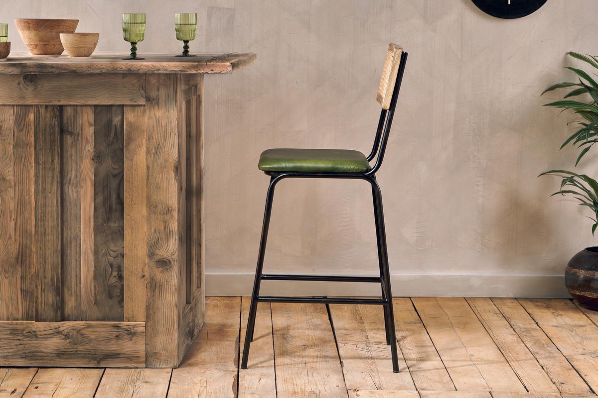 Nkuku Iswa Leather & Cane Counter Chair Rich Green