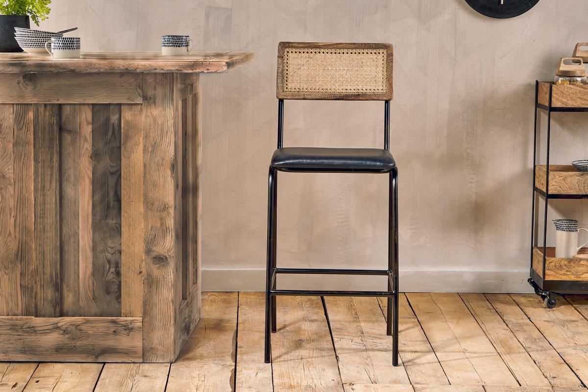 Nkuku Iswa Leather & Cane Counter Chair Aged Black