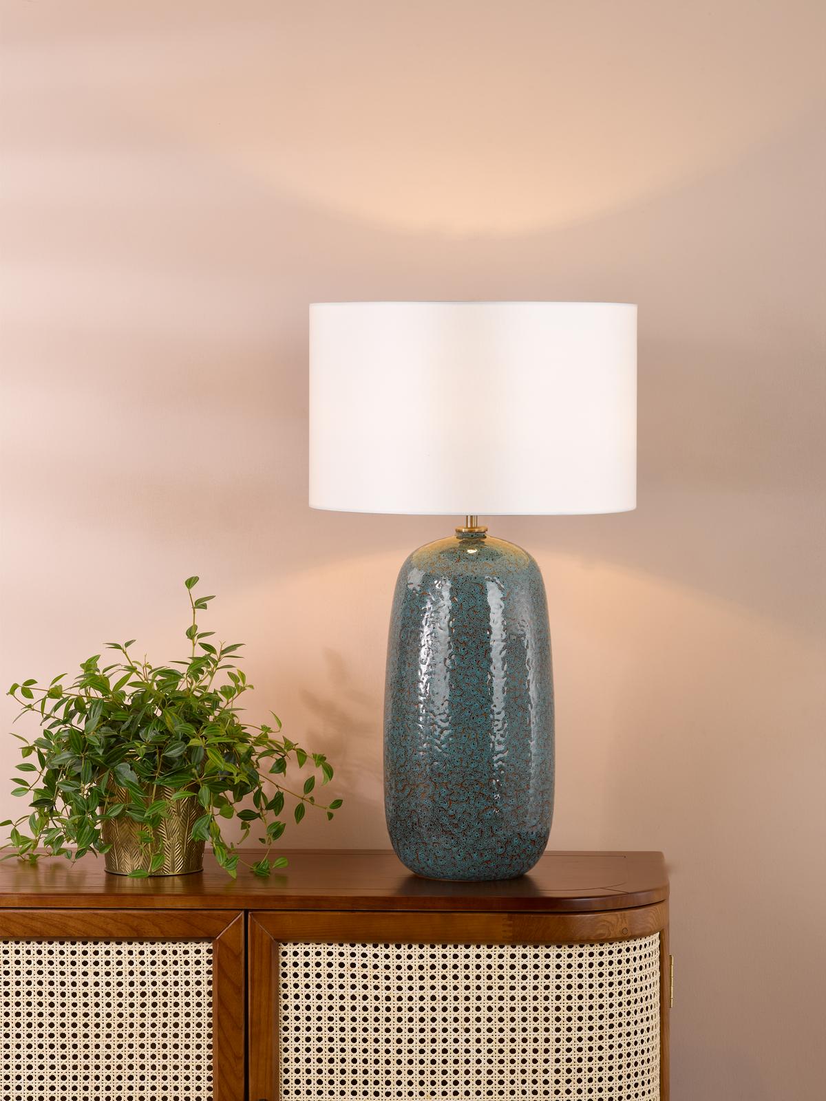 Dar Jadis Table Lamp Blue Ceramic With Ivory Drum Shade