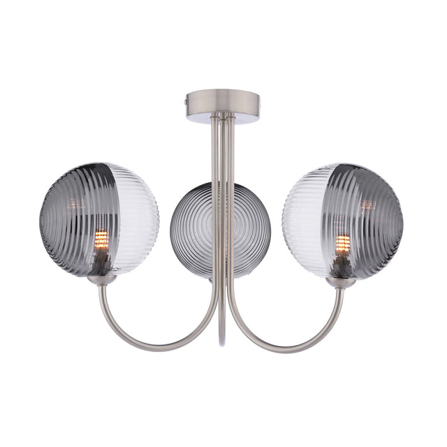 Dar Jared 3 Light Semi-Flush Satin Nickel & Smoked/Clear Ribbed Glass –  from Amos Lighting + Home