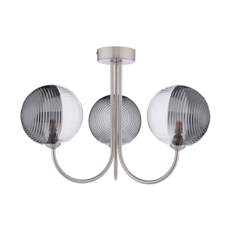 Dar Jared 3 Light Semi-Flush Satin Nickel & Smoked/Clear Ribbed Glass –  from Amos Lighting + Home