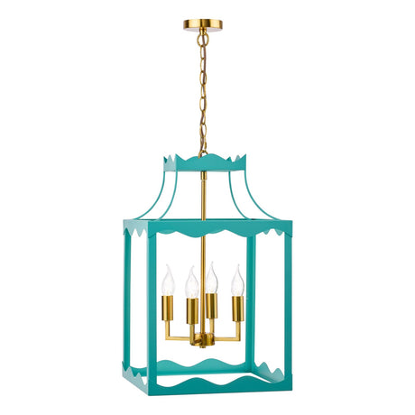Dar Jinele 4 Light Lantern Satin Eau De Nil Blue and Natural Brass
