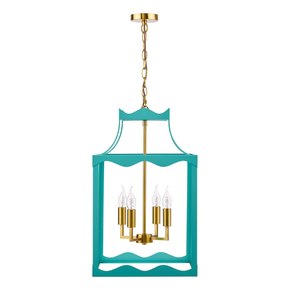 Dar Jinele 4 Light Lantern Satin Eau De Nil Blue and Natural Brass