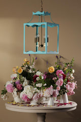 Dar Jinele 4 Light Lantern Satin Eau De Nil Blue and Natural Brass