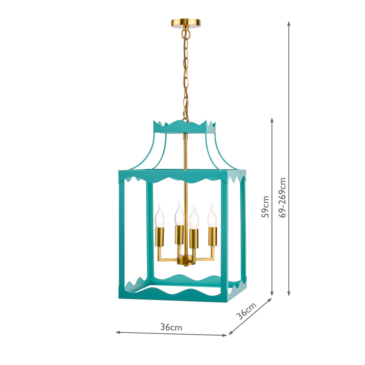 Dar Jinele 4 Light Lantern Satin Eau De Nil Blue and Natural Brass