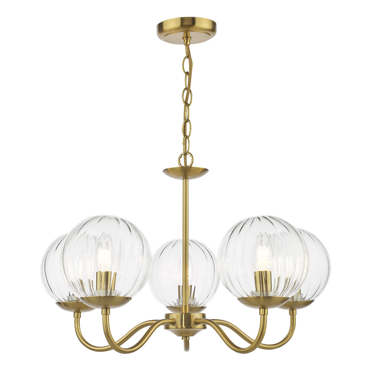 Dar Jocelyn 5 Light Armed Pendant Natural Brass and Glass