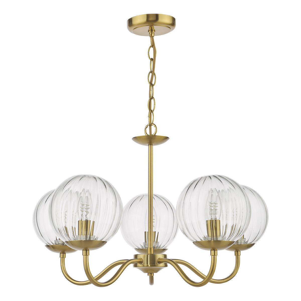 Dar Jocelyn 5 Light Armed Pendant Natural Brass and Glass