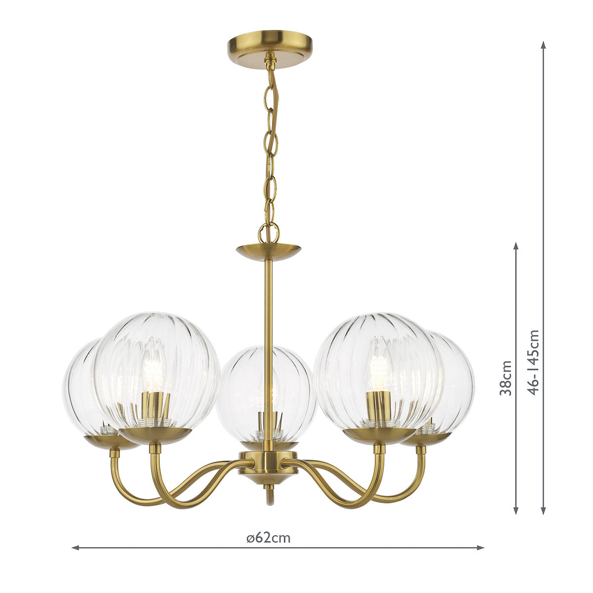 Dar Jocelyn 5 Light Armed Pendant Natural Brass and Glass