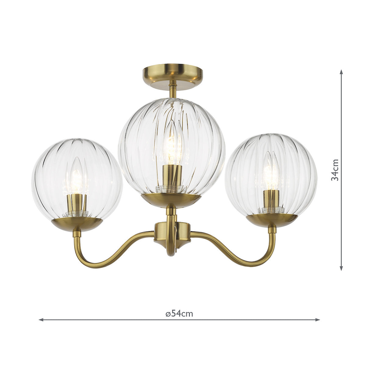 Dar Jocelyn 3 Light Semi-Flush Natural Brass and Glass