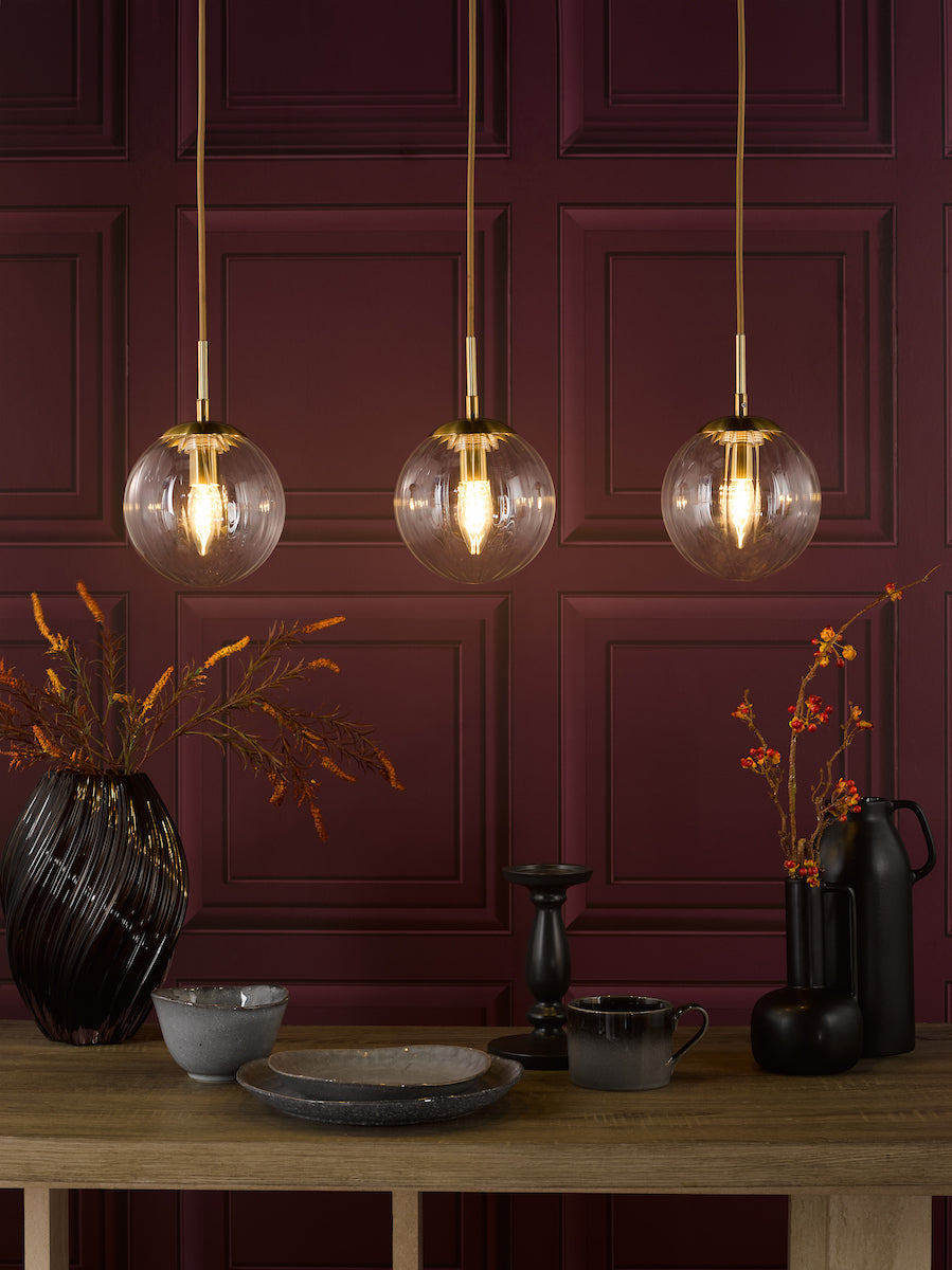 Dar Jocelyn 3 Light Bar Pendant Natural Brass and Glass