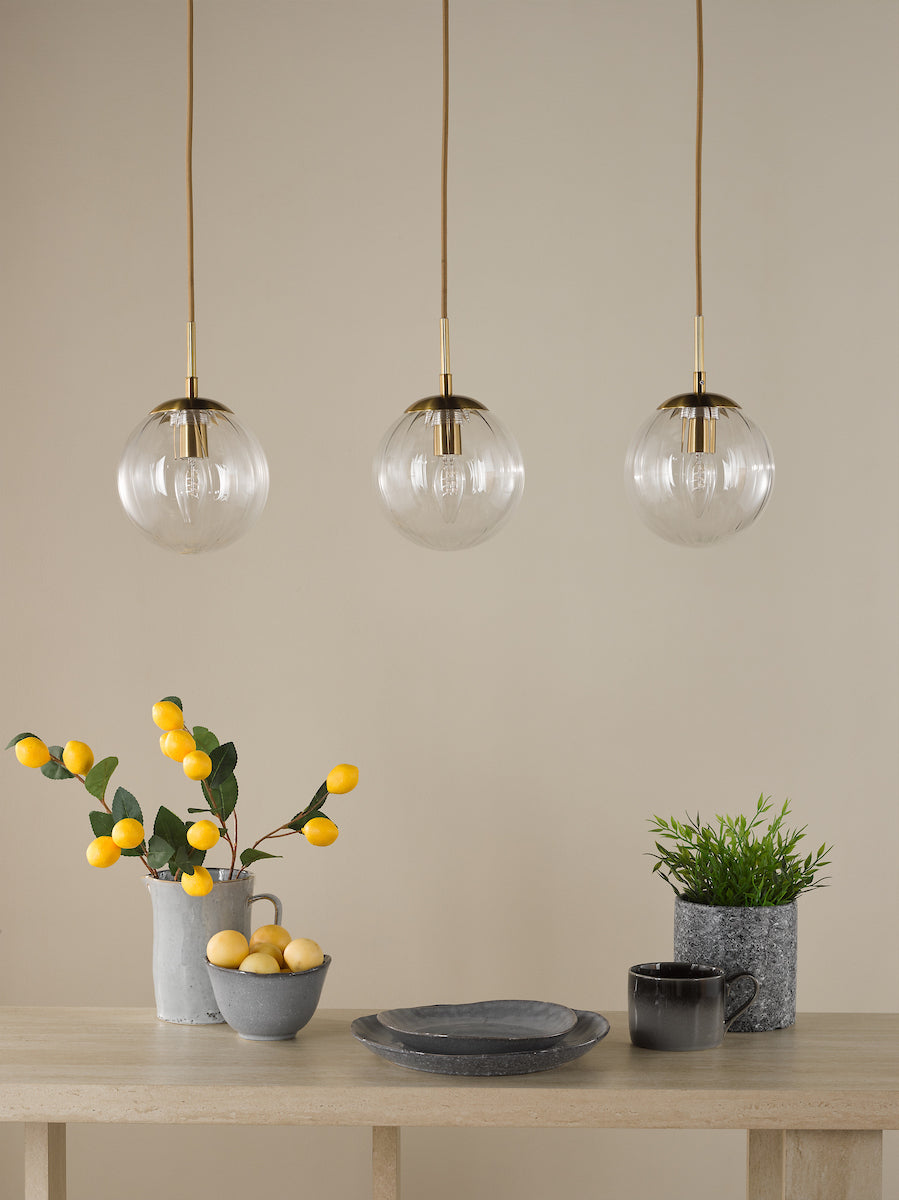Dar Jocelyn 3 Light Bar Pendant Natural Brass and Glass