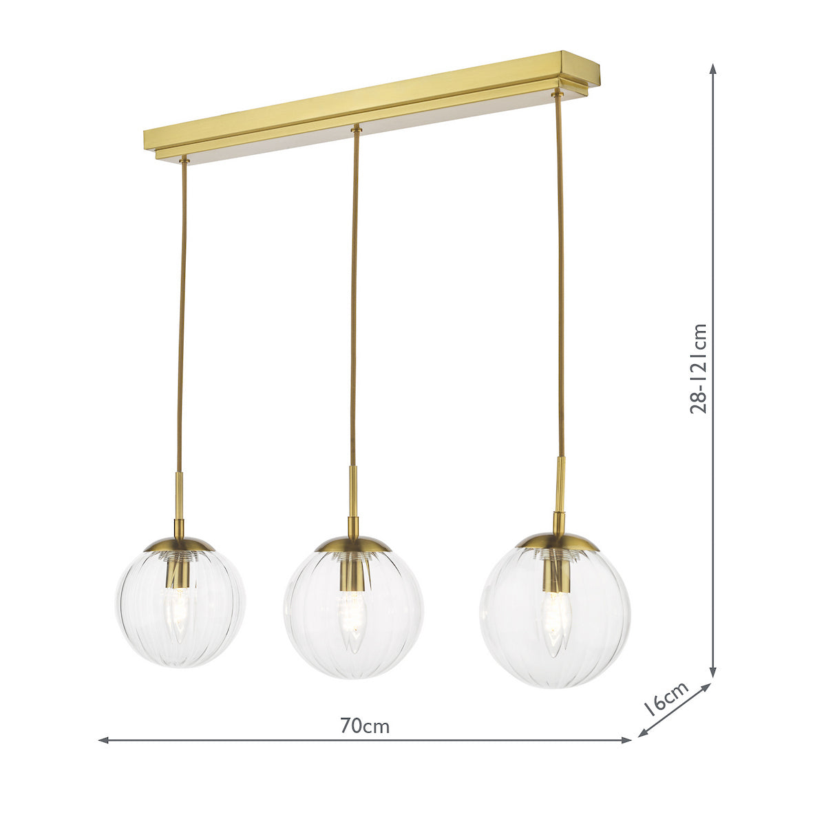 Dar Jocelyn 3 Light Bar Pendant Natural Brass and Glass