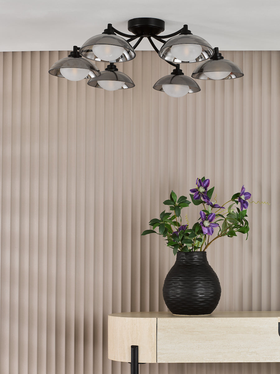 Dar Kadience 6 Light Semi-Flush Satin Black and Smoked Glass