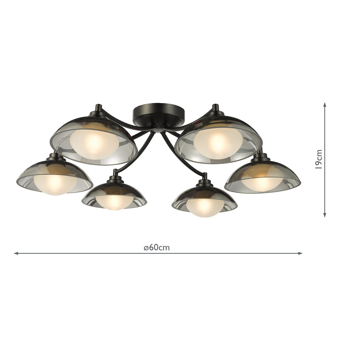 Dar Kadience 6 Light Semi-Flush Satin Black and Smoked Glass