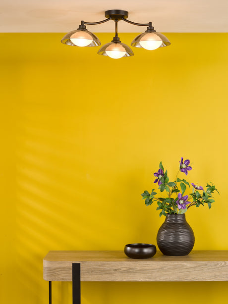 Dar Kadience 3 Light Semi-Flush Satin Black and Smoked Glass