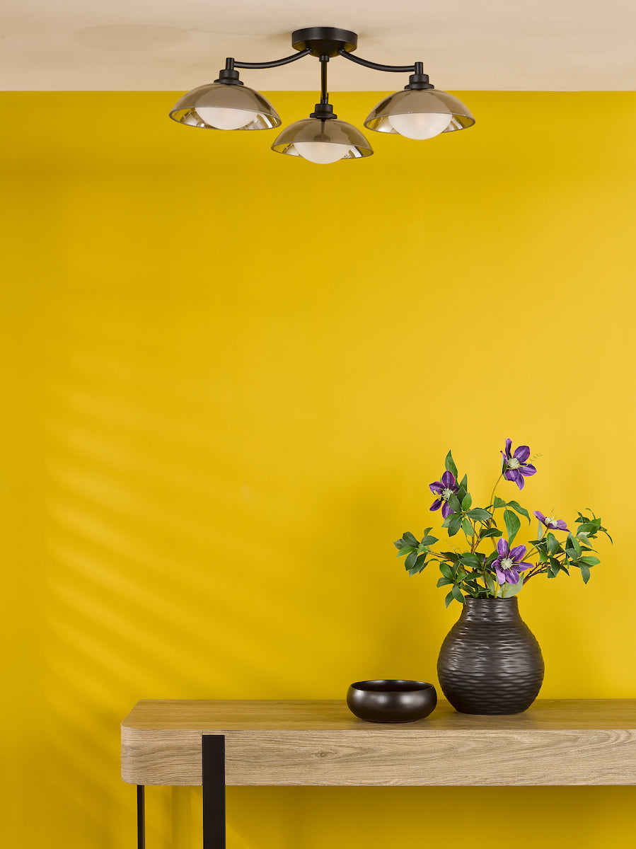 Dar Kadience 3 Light Semi-Flush Satin Black and Smoked Glass