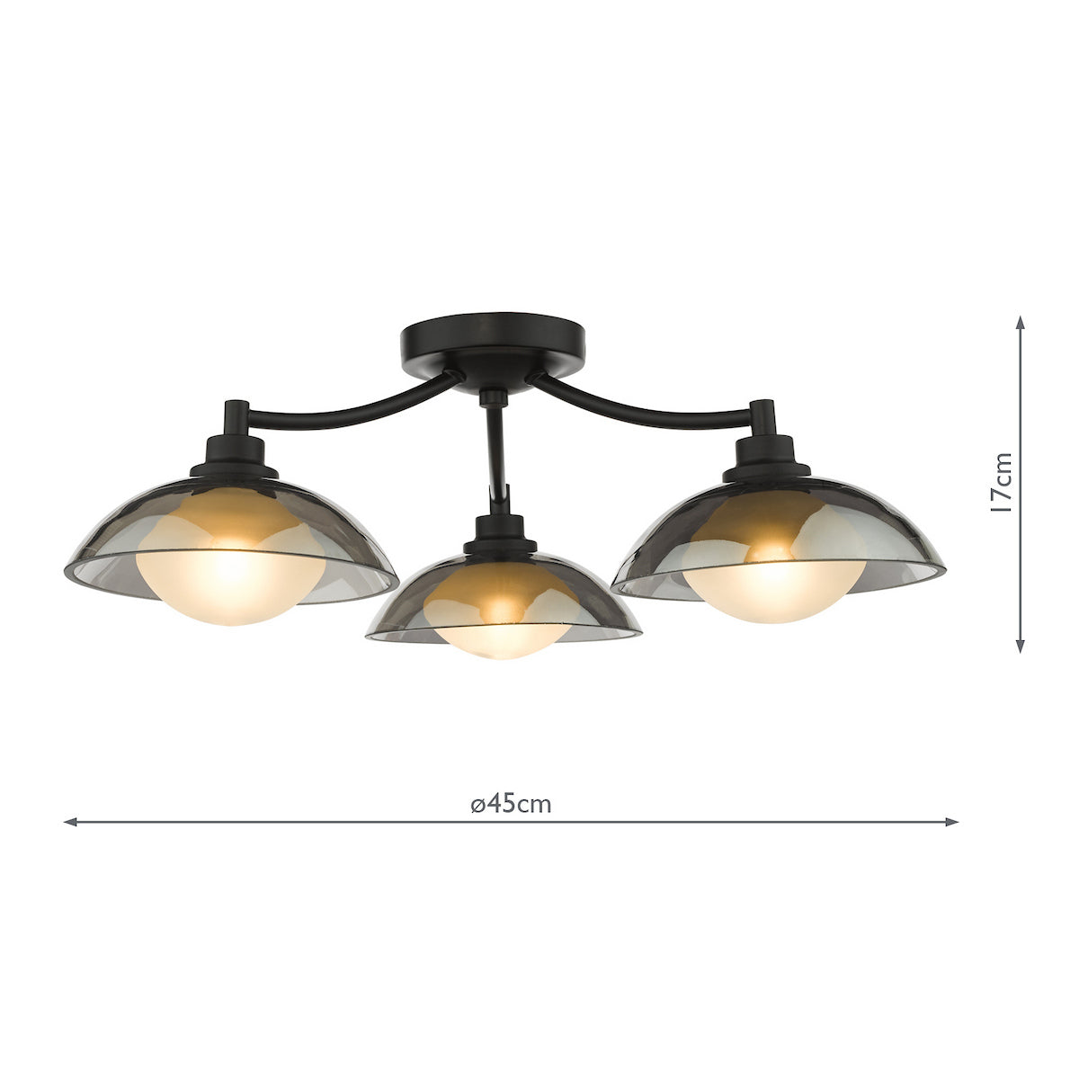 Dar Kadience 3 Light Semi-Flush Satin Black and Smoked Glass