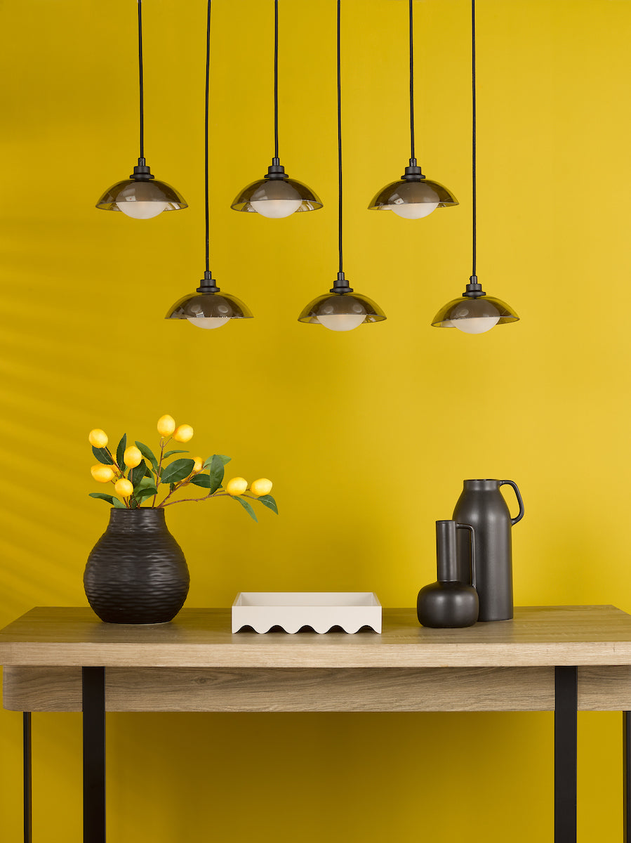 Dar Kadience 6 Light Bar Pendant Satin Black and Smoked Glass