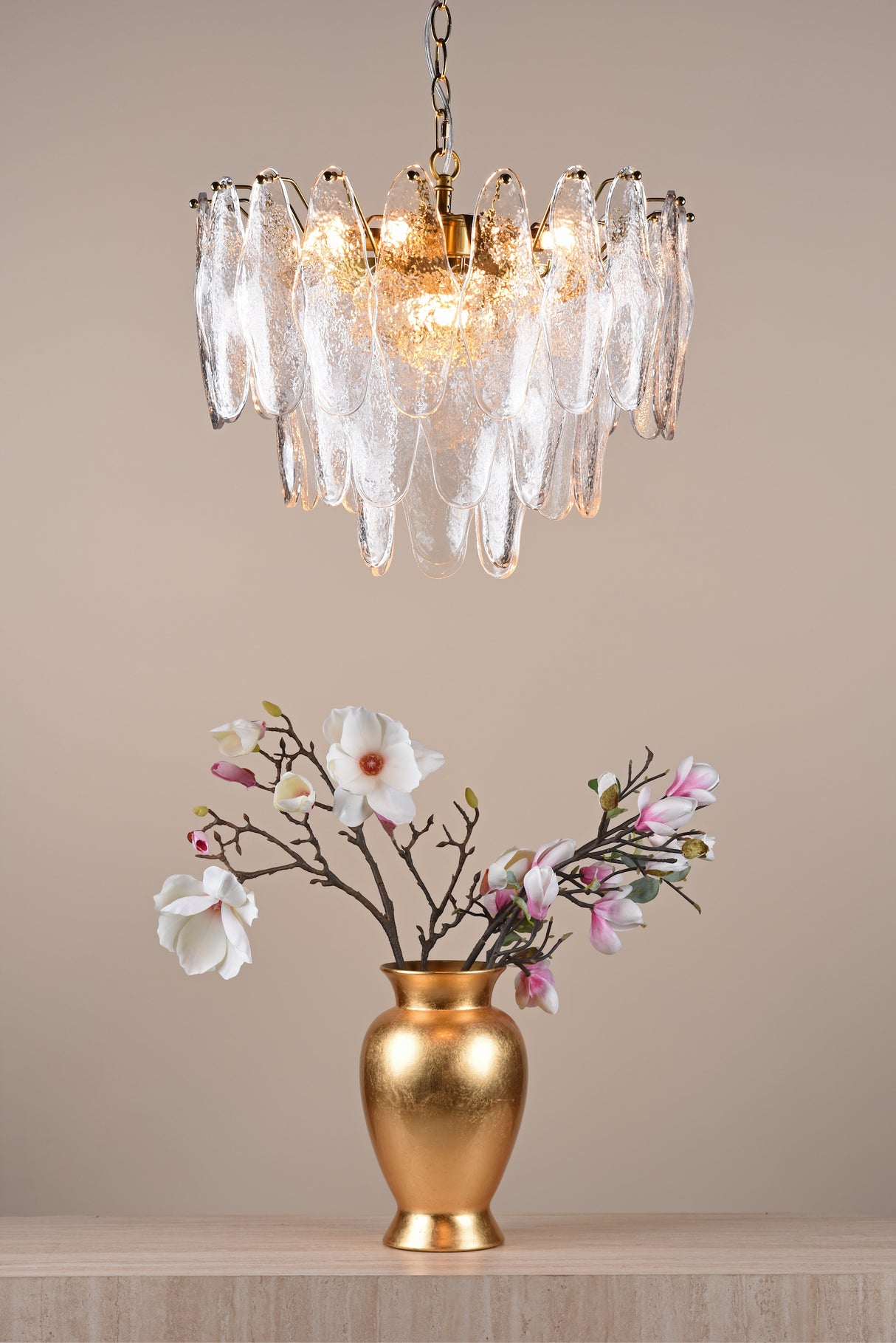 Dar Kimmia 6 Light Pendant Chandelier Natural Brass and Textured Glass