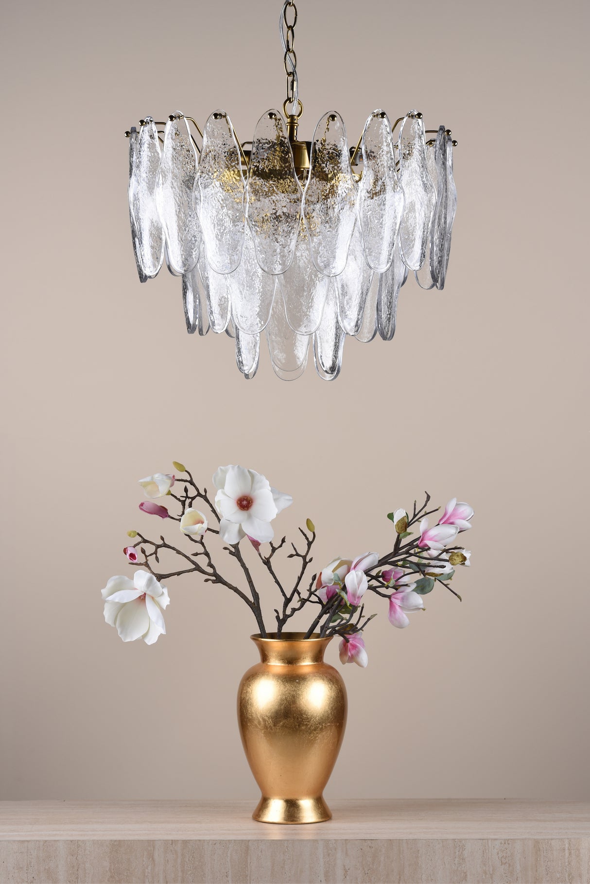 Dar Kimmia 6 Light Pendant Chandelier Natural Brass and Textured Glass