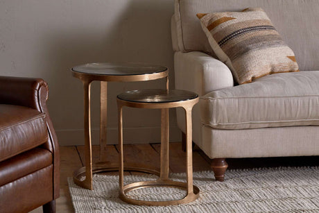 Nkuku Khidki Cast Metal & Glass Nesting Side Tables Antique Brass (Set of 2)
