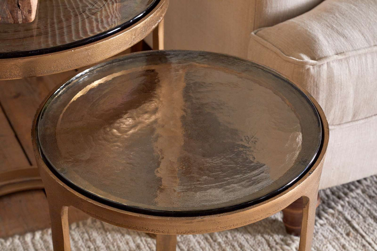 Nkuku Khidki Cast Metal & Glass Nesting Side Tables Antique Brass (Set of 2)