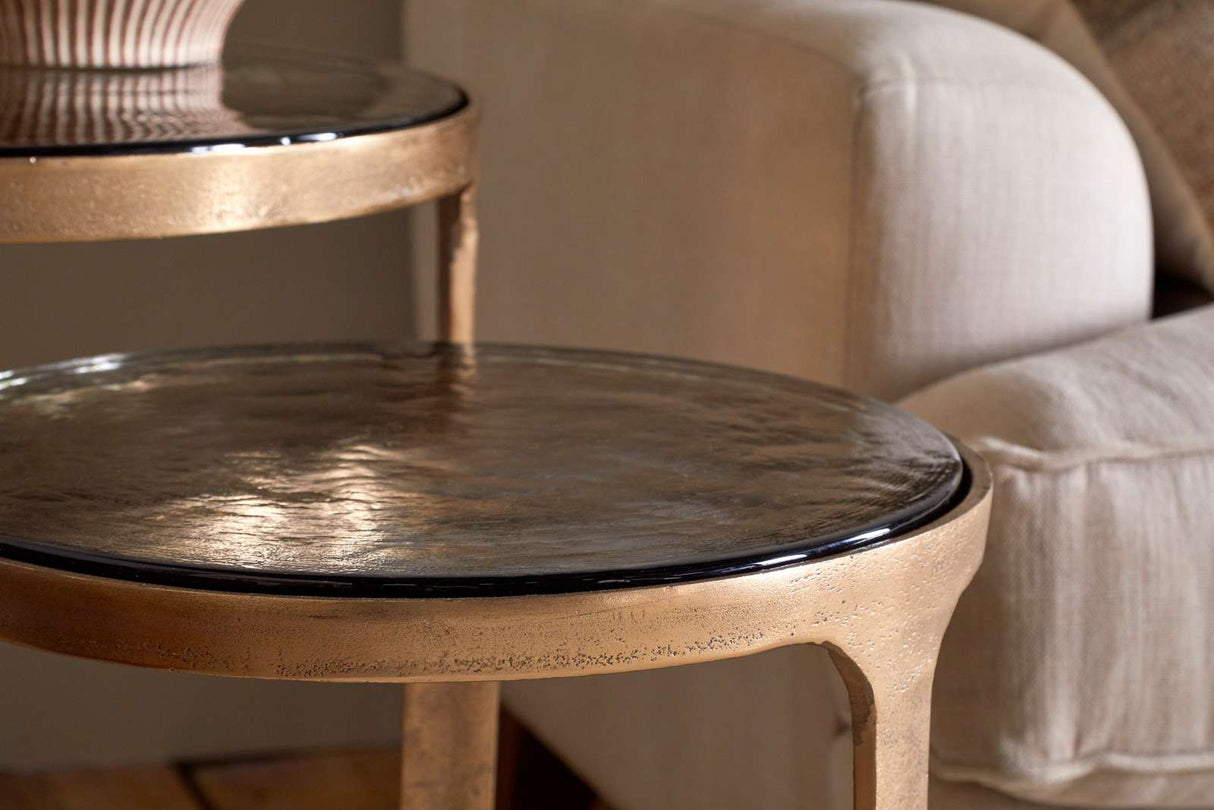Nkuku Khidki Cast Metal & Glass Nesting Side Tables Antique Brass (Set of 2)