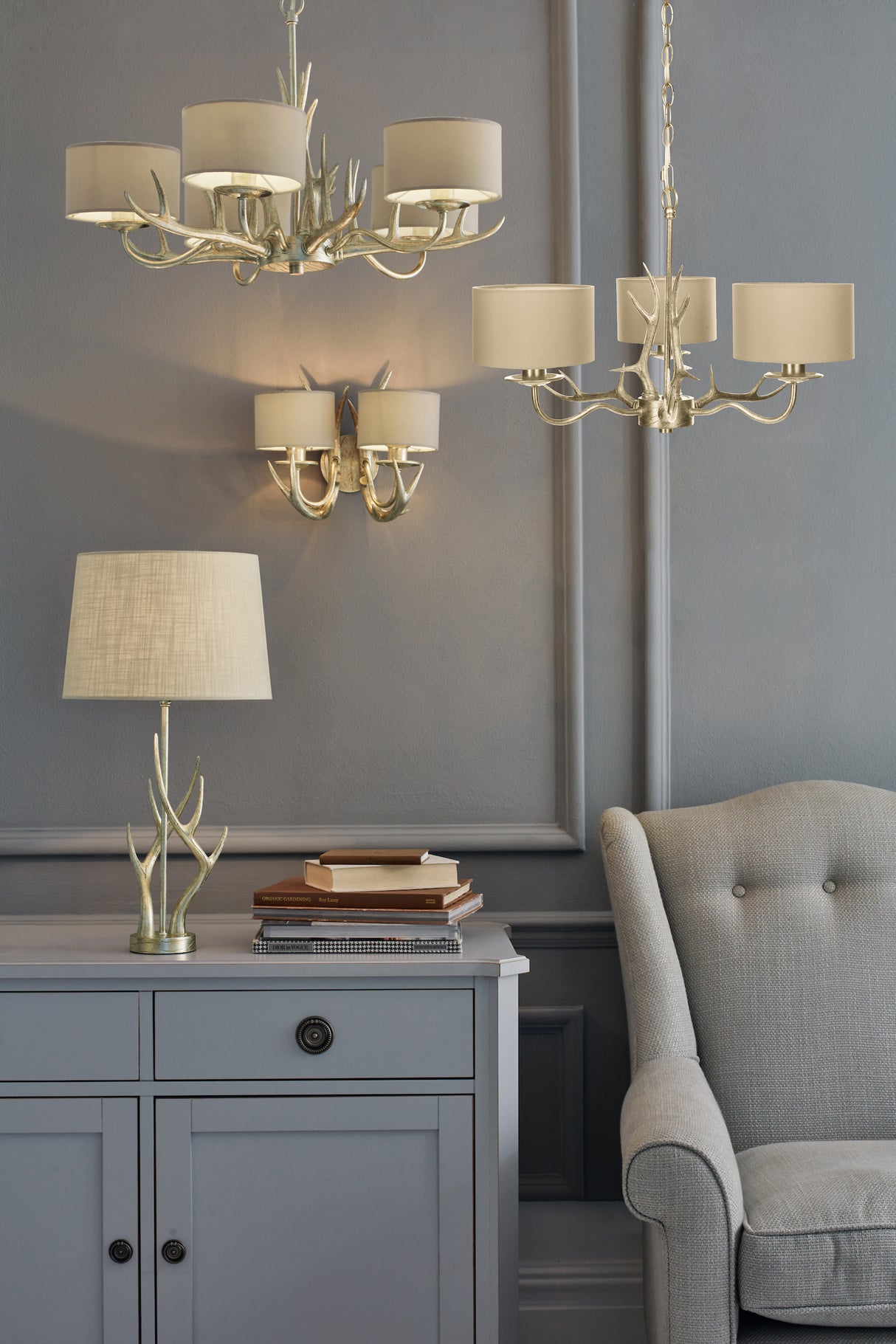 Laura Ashley Mulroy Antler 5 Light Chandelier Champagne with Shades