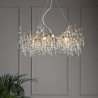 Laura Ashley Willow 5 Light Pendant Chandelier Satin Champagne with Crystal Raindrops –  from Amos Lighting + Home