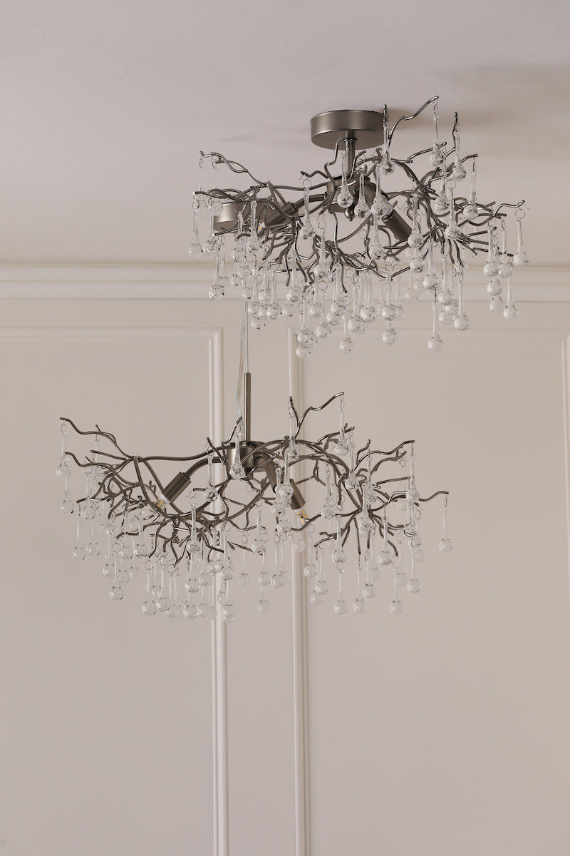 Laura Ashley Willow 3 Light Semi-Flush Satin Pewter and Crystal