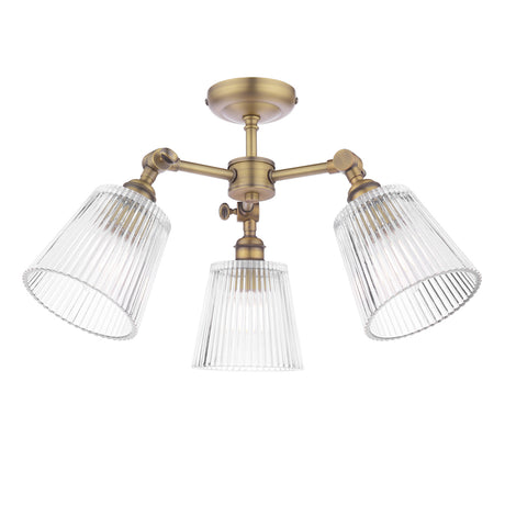 Laura Ashley Callaghan 3 Light Semi-Flush Matt Antique Brass and Ribbed Glass